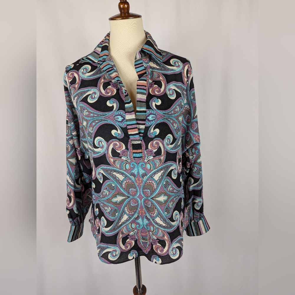 Bisou Bisou Tunic Blouse V Neck Slit Sleeve Mod Psychedelic Paisley Oversized XS